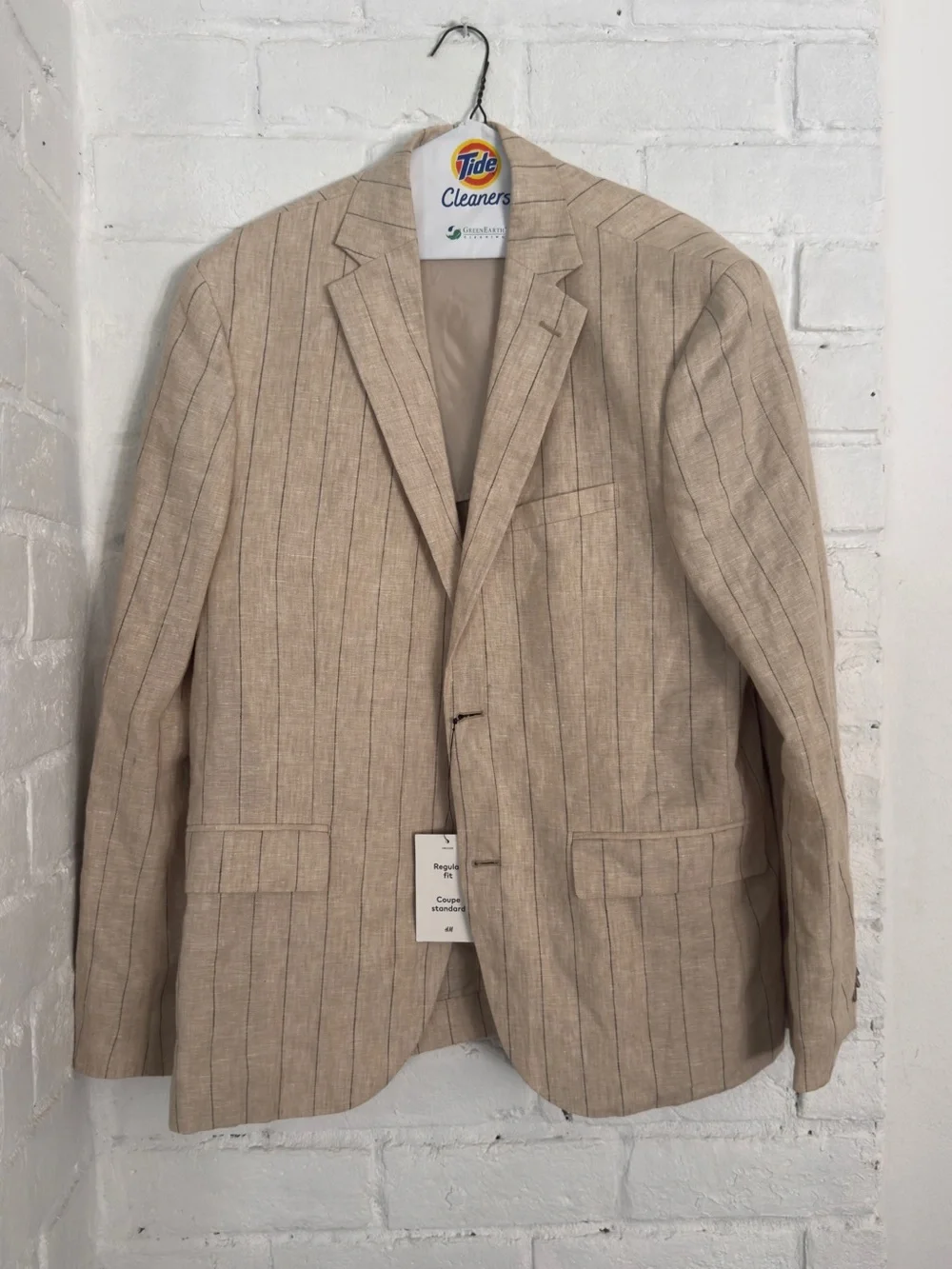 NWT H&M Premium 100% Linen Blazer Sport Coat Tan Beige Pinstripe 44R Men’s